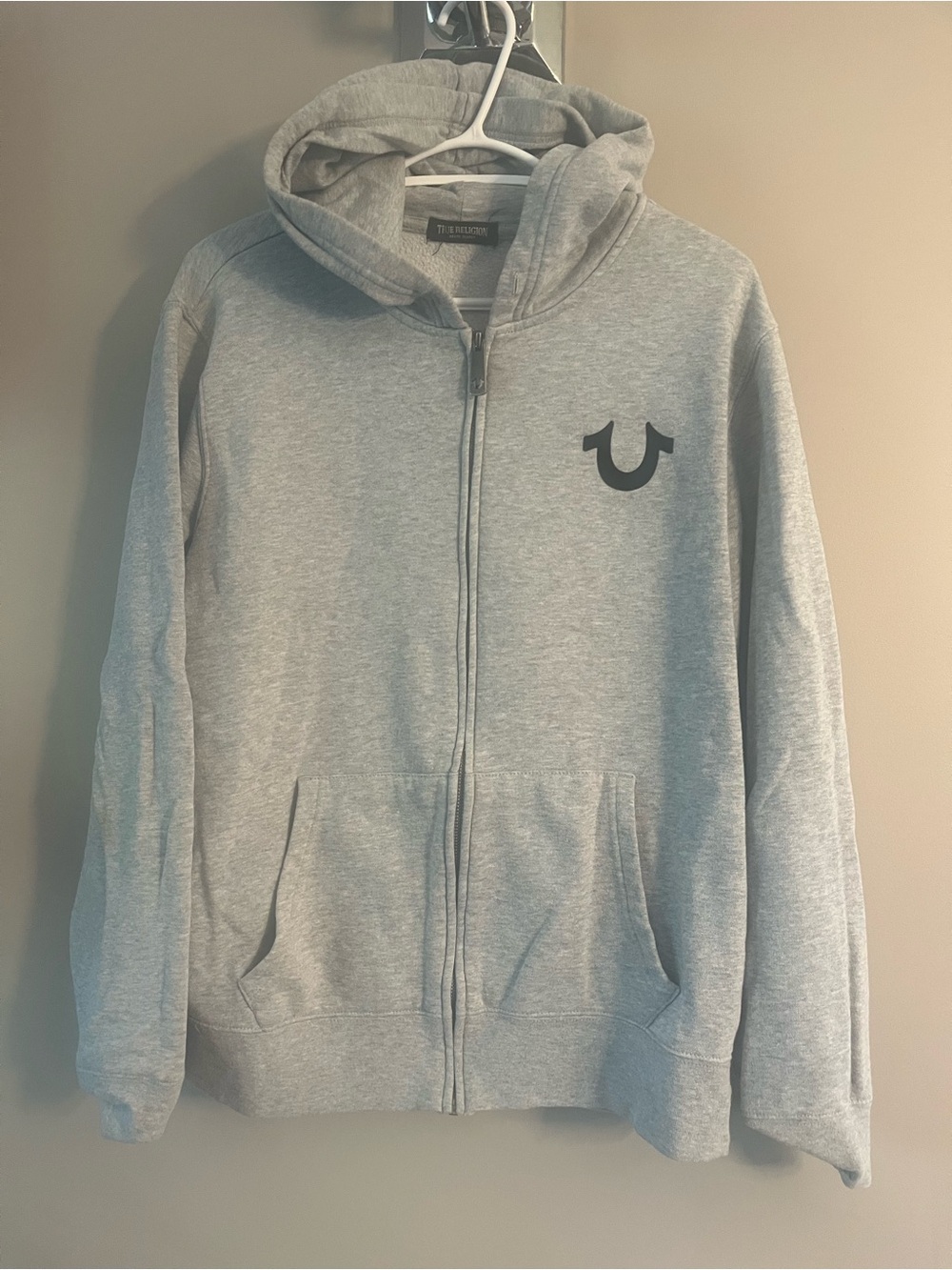 True Religion Light Gray Zip-Up Hoodie with Logo